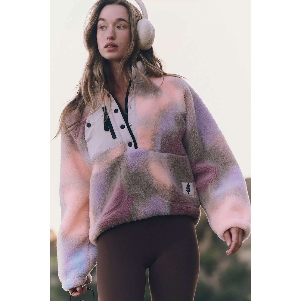 Free People Movement Hit The Slopes Printed Fleece Pullover Tie Dye XL Pink
